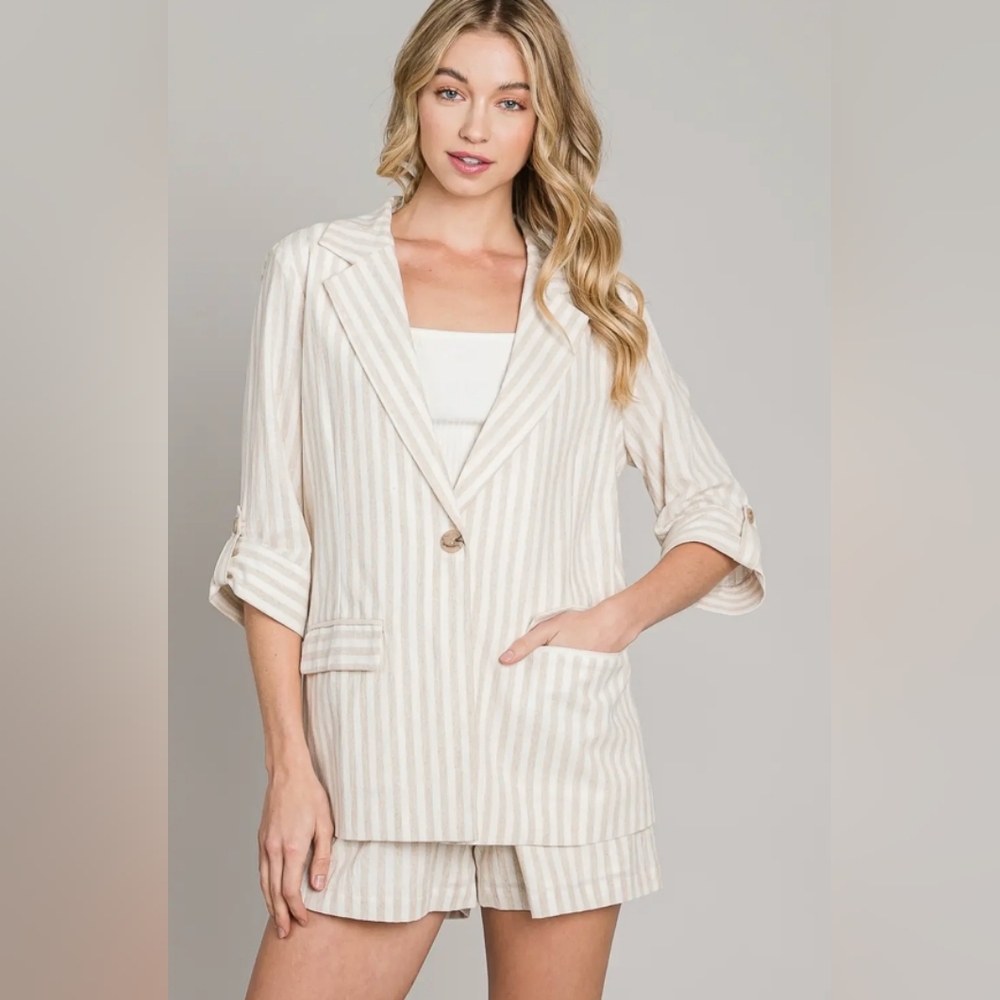 Allie Rose Boutique Striped Beige Women's Jacket With Matching Shorts